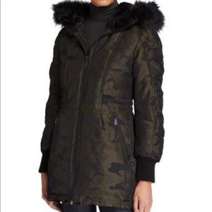 BCBGMAXAZRIA Faux Fur Hooded Camo Jacket in Olive